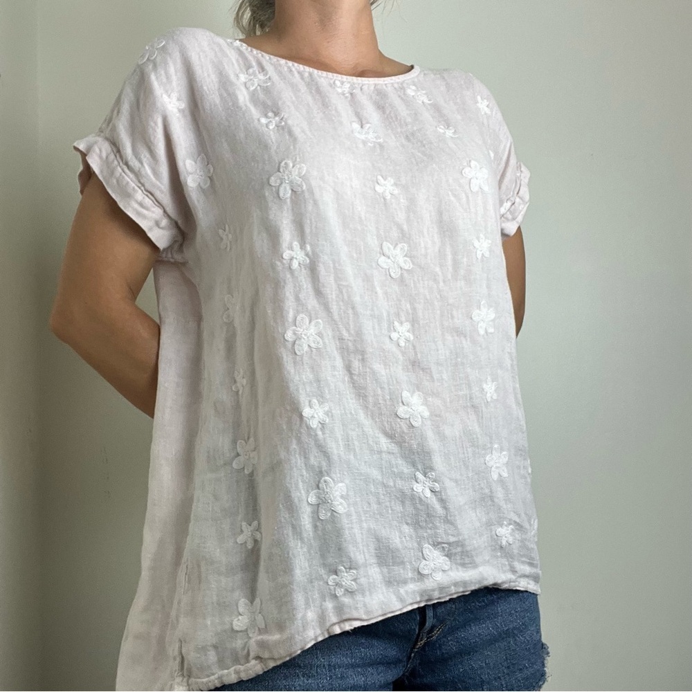 TERZO MILLENNIO Italy 100% Linen Blush Pink Floral Embroidered Blouse Small